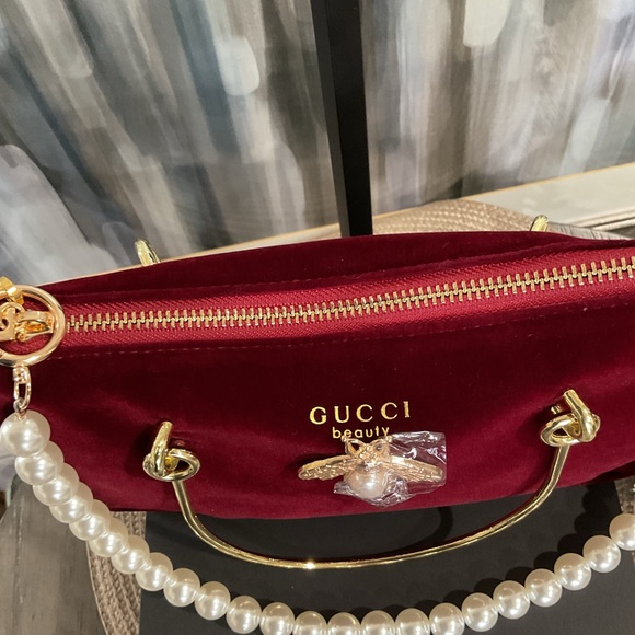 Rich Red Faux Velvet Bag with Pearl Handle - Picture 9 of 12